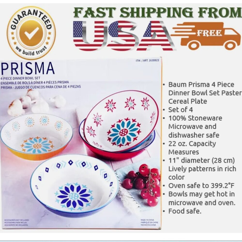 PRISMA 4 PC CERAMIC DINNER BOWL SET BY BAUM - Picture 2 of 5